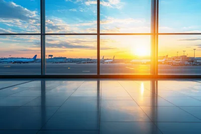 Empty Airport Terminal Departure Lounge At Sunset
