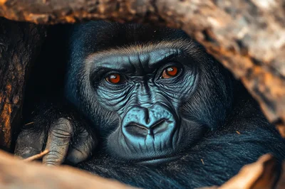 Close Up Portrait Of A Gorilla In A Tree Hollow