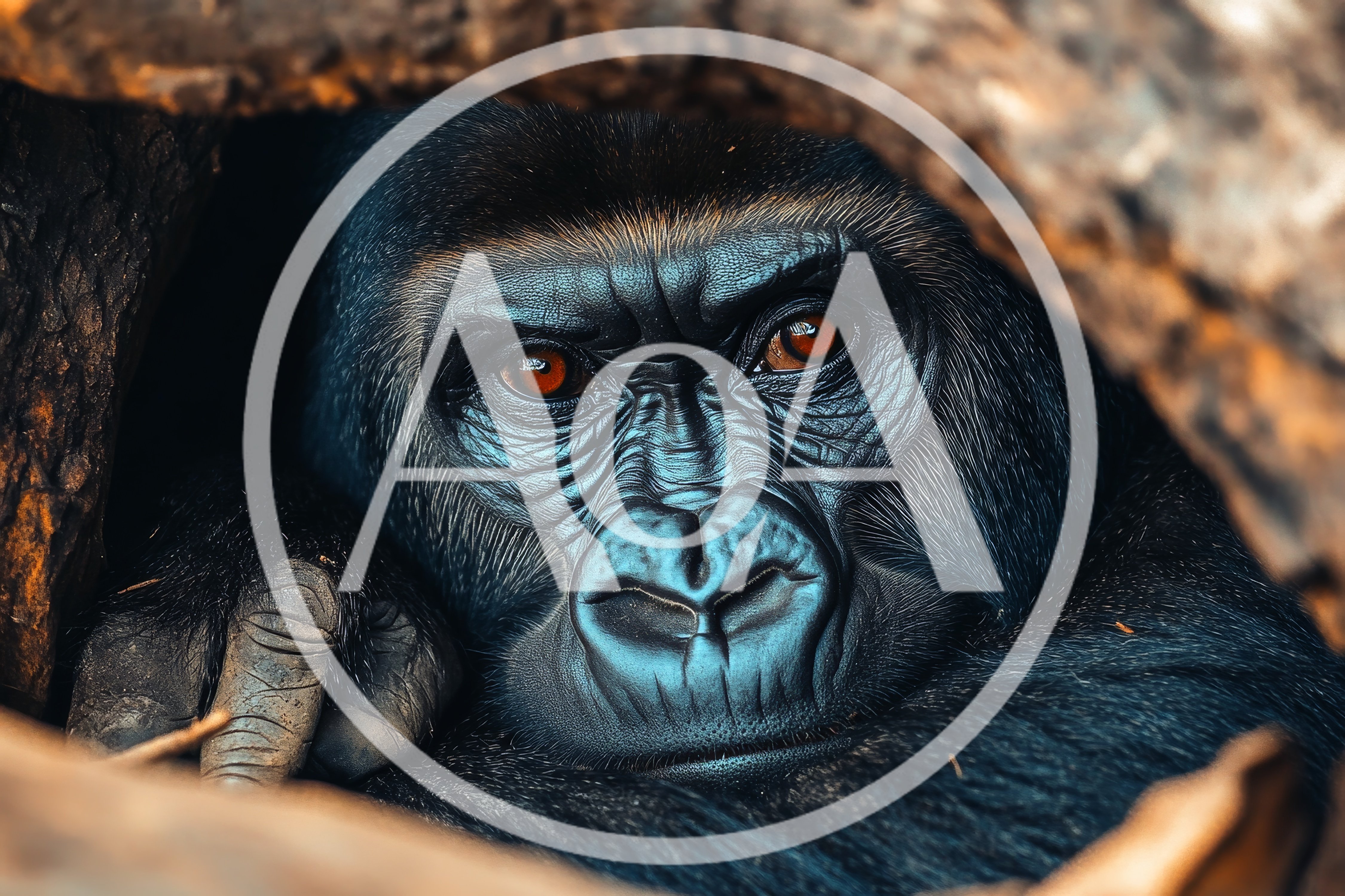 Close Up Portrait Of A Gorilla In A Tree Hollow
