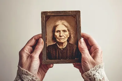 Elderly Hands Holding A Vintage Portrait Photograph