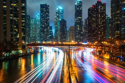 Chicago River Nighttime Cityscape With Light Trails