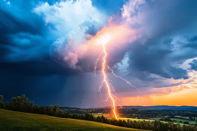 Dramatic Lightning Strike Over A Rolling Rural Landscape