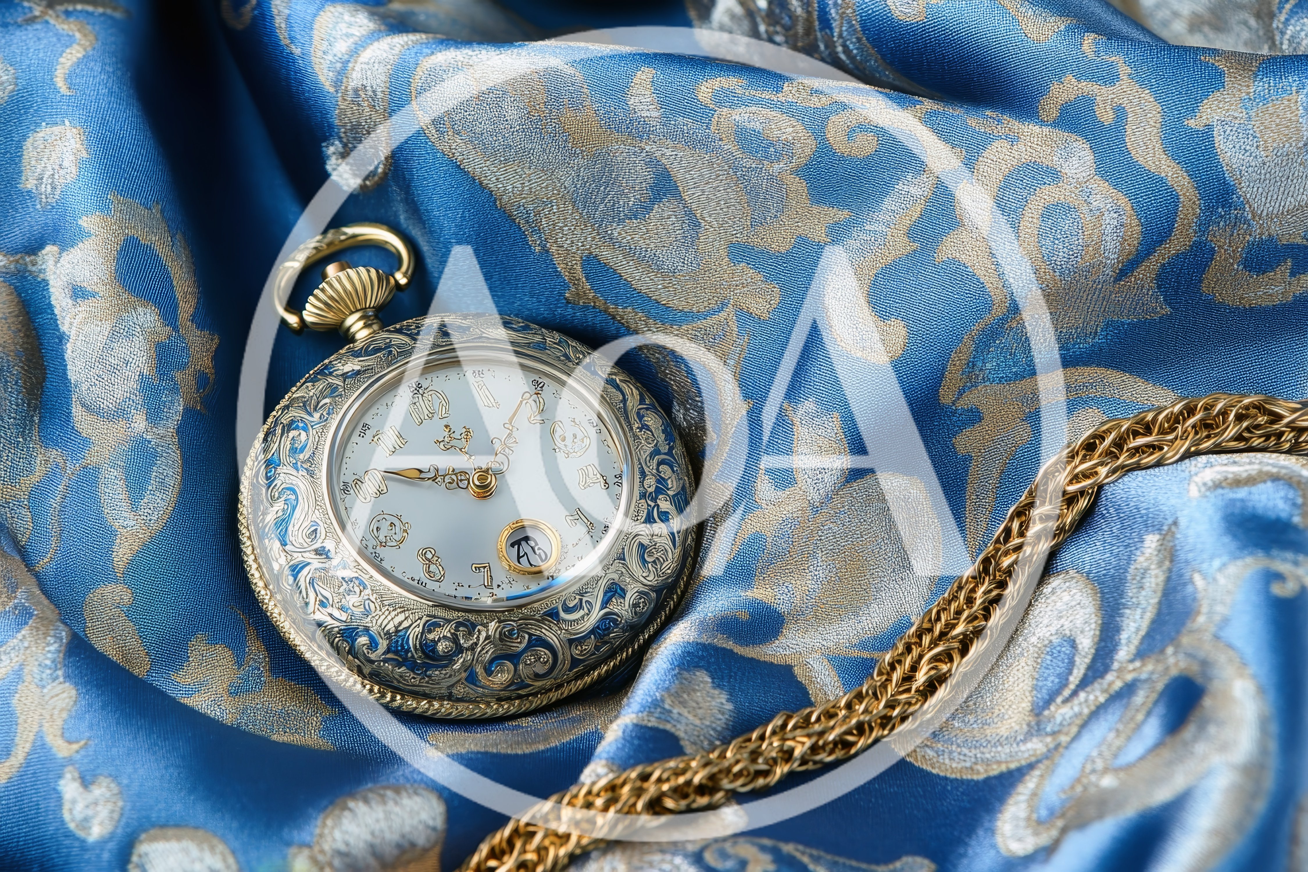 Ornate Antique Pocket Watch on Blue Damask Fabric