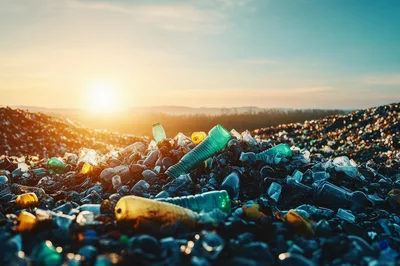 Massive Pile Of Plastic Waste At Sunset