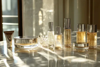Luxury Skincare Products Arranged on Marble Surface