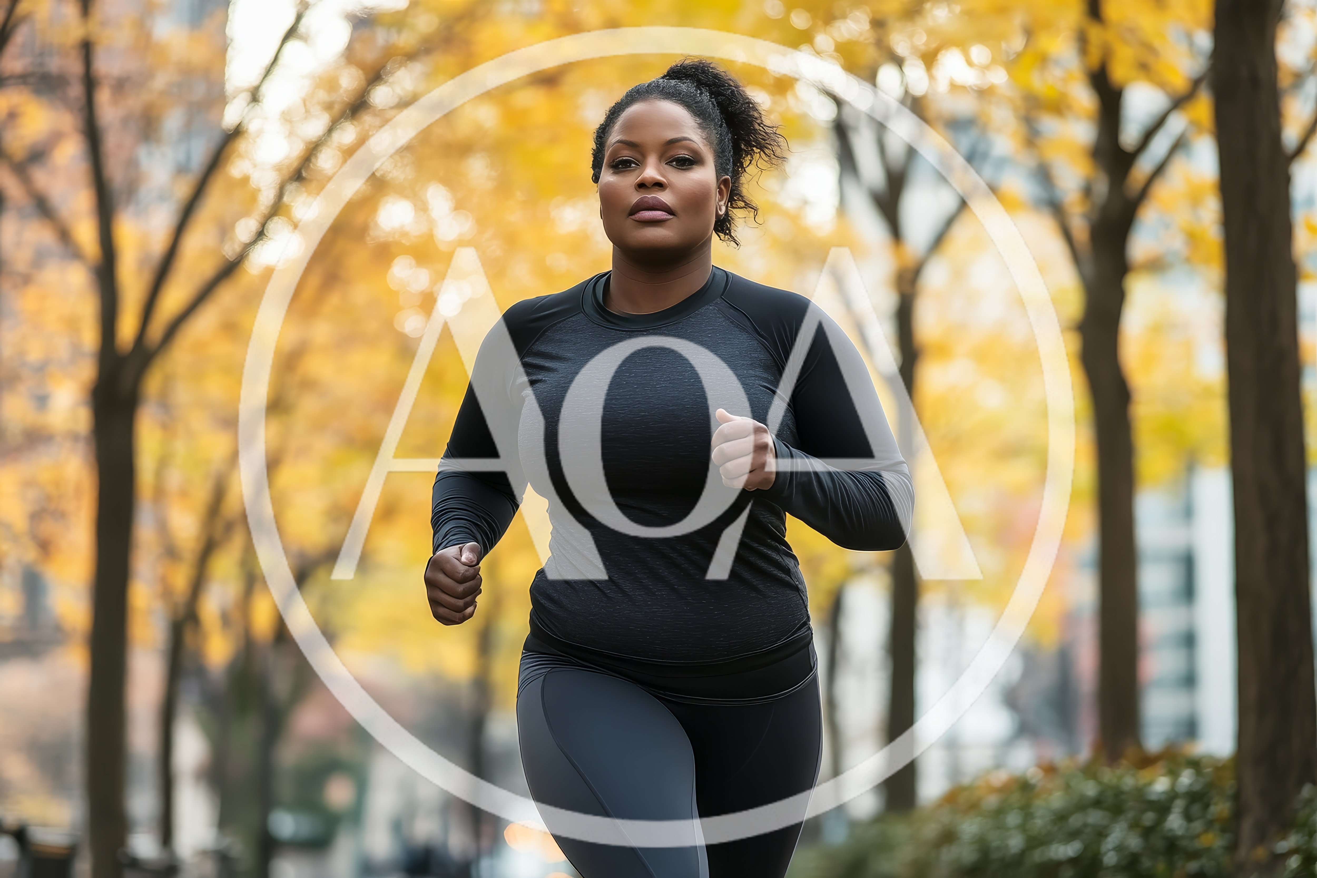 Plus Size Woman Jogging In Autumn Park