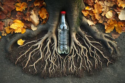 Plastic Bottle Nestled Between Tree Roots