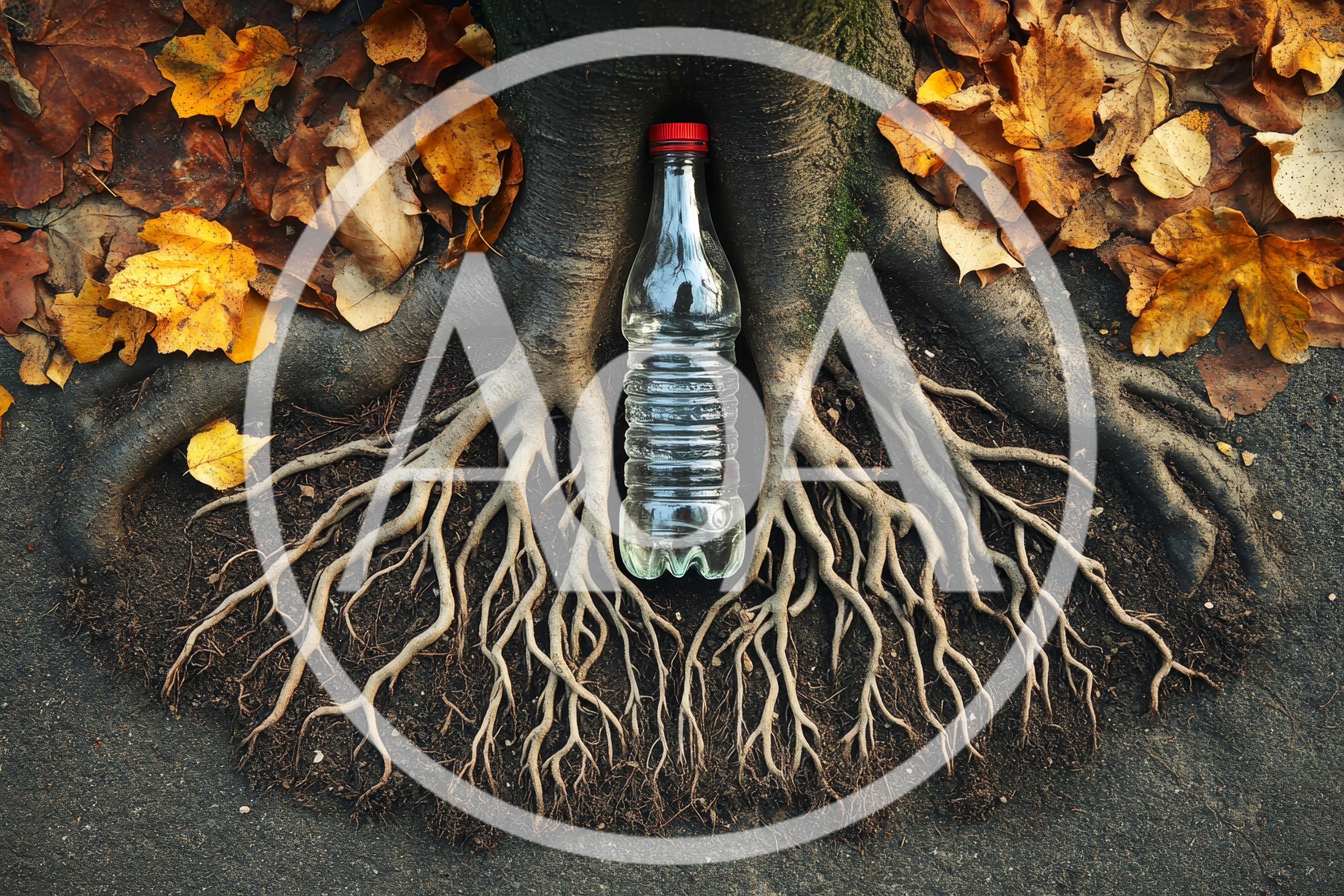 Plastic Bottle Nestled Between Tree Roots