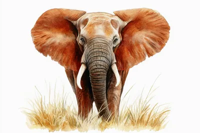 Watercolor Illustration Of An African Elephant In Grass