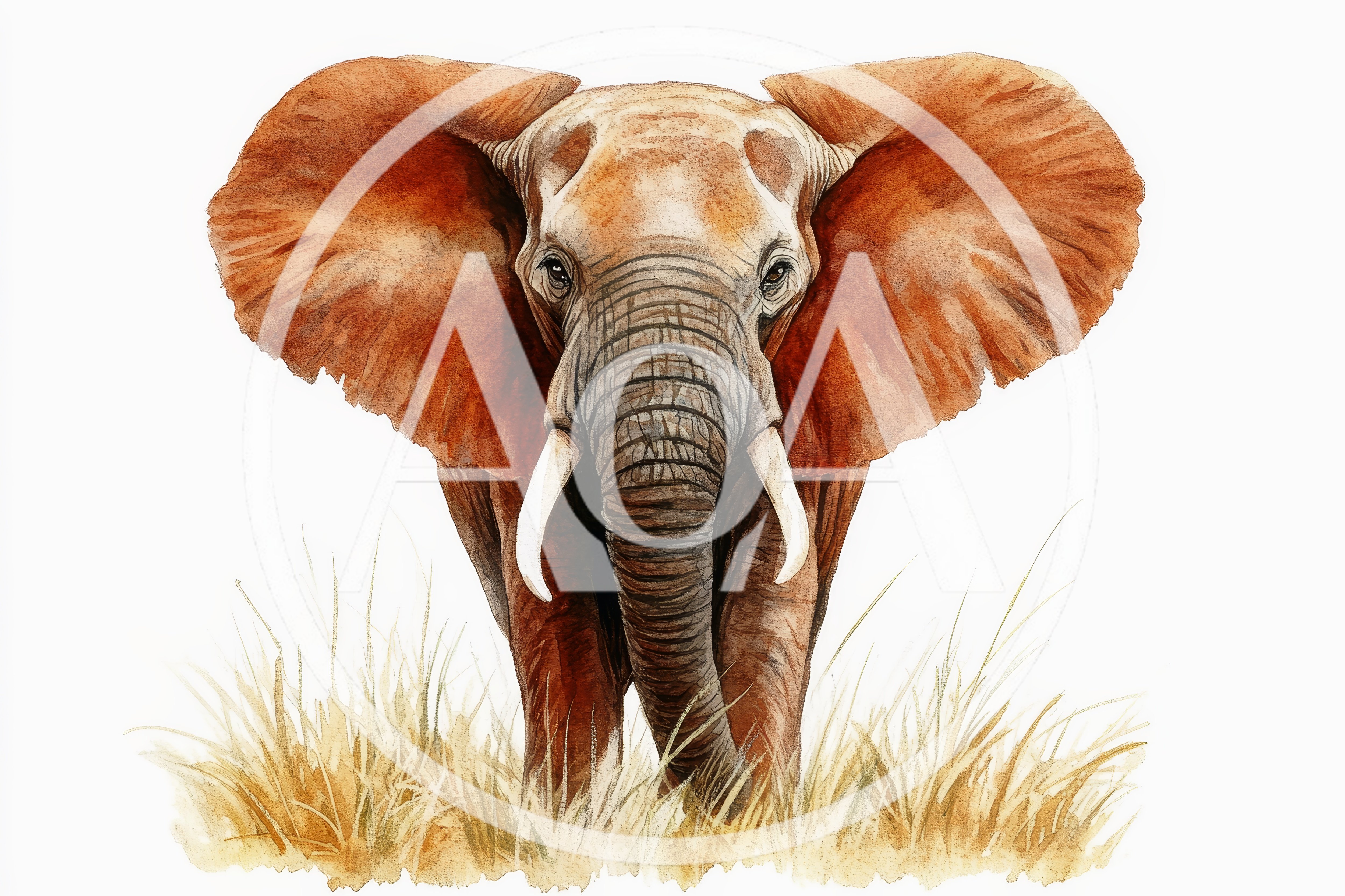 Watercolor Illustration Of An African Elephant In Grass