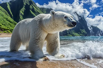 Polar Bear Walking Along A Tropical Beach