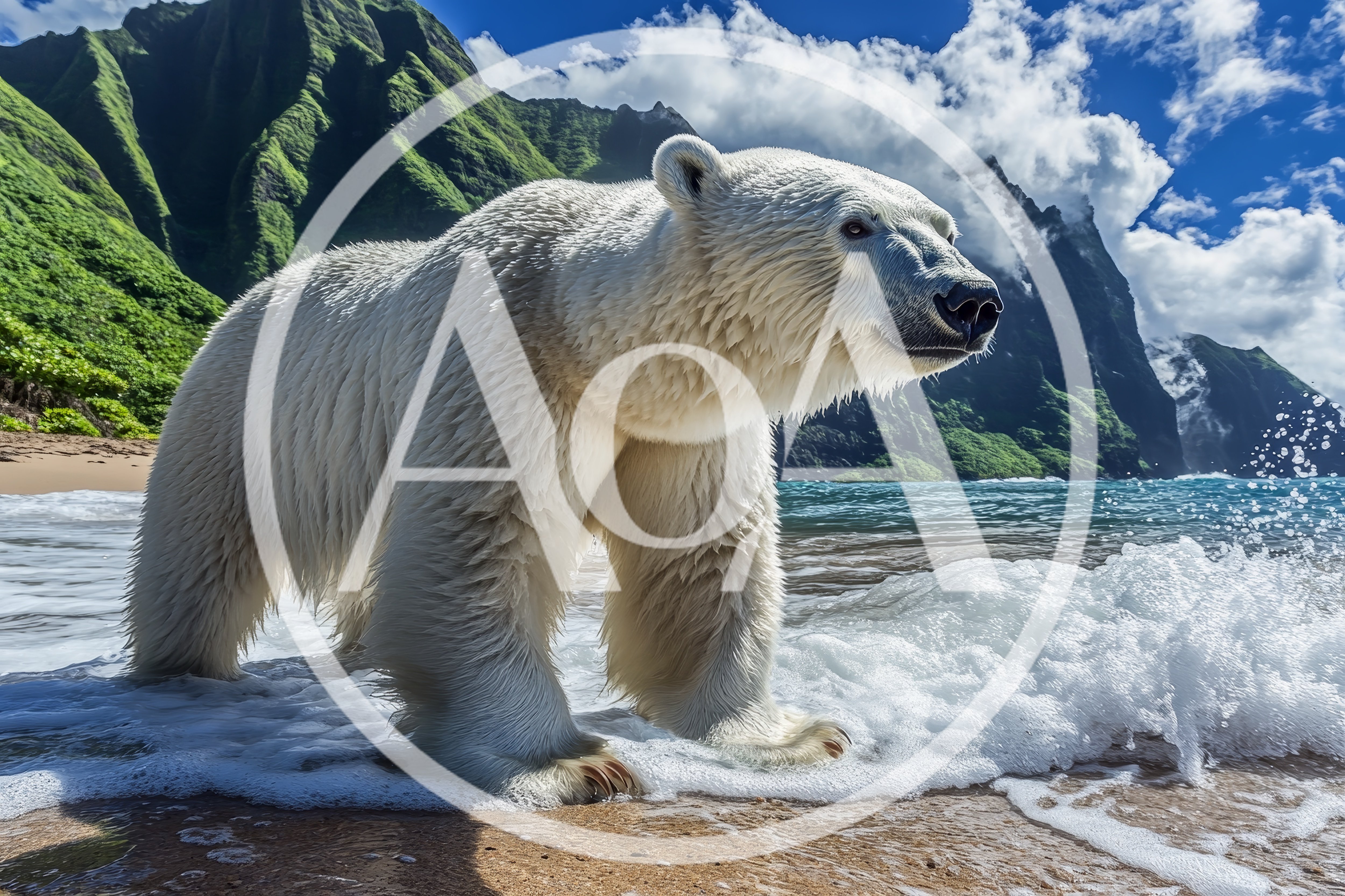 Polar Bear Walking Along A Tropical Beach