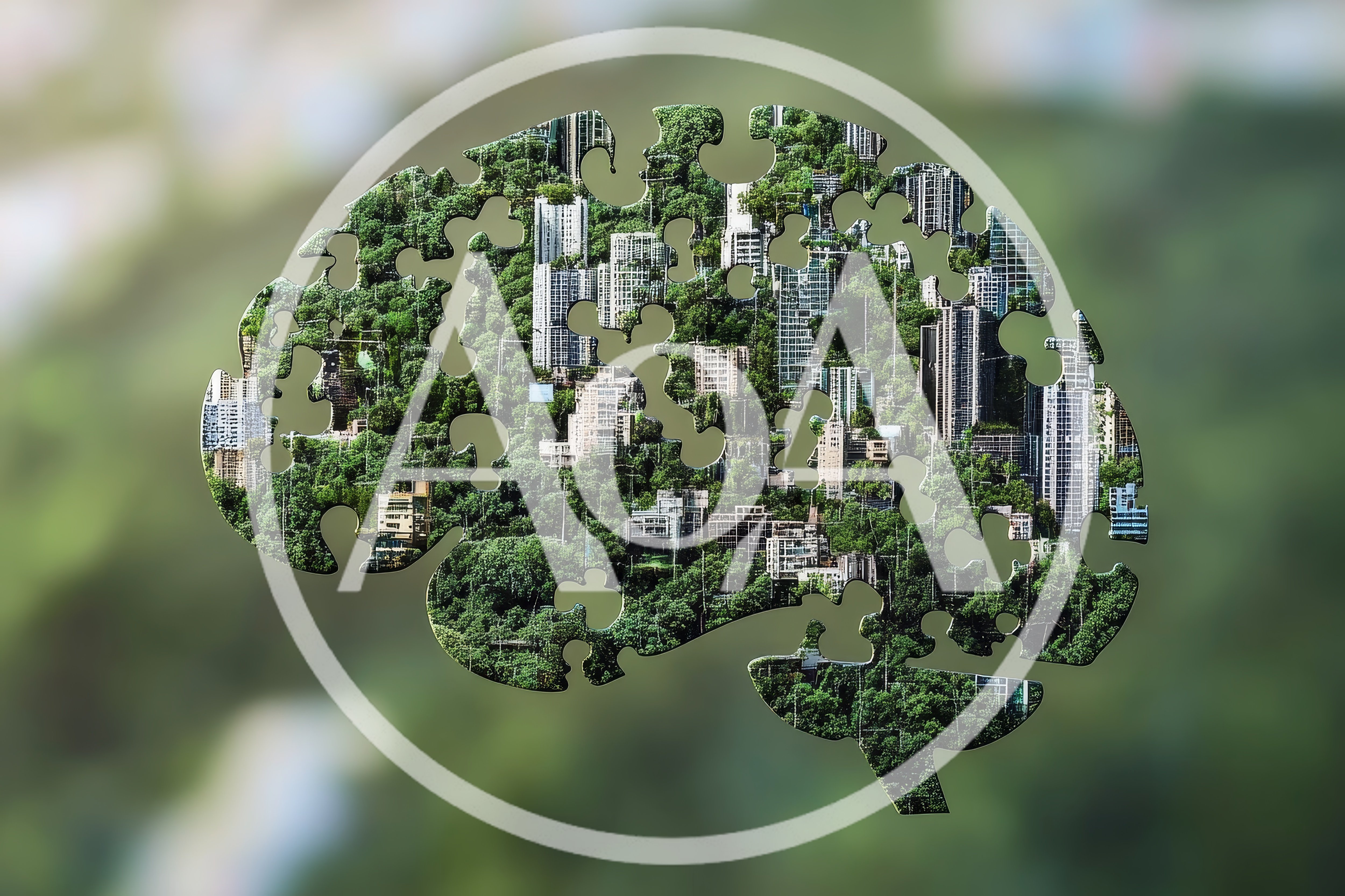 Brain Shaped Puzzle Piece With Urban Forest Landscape
