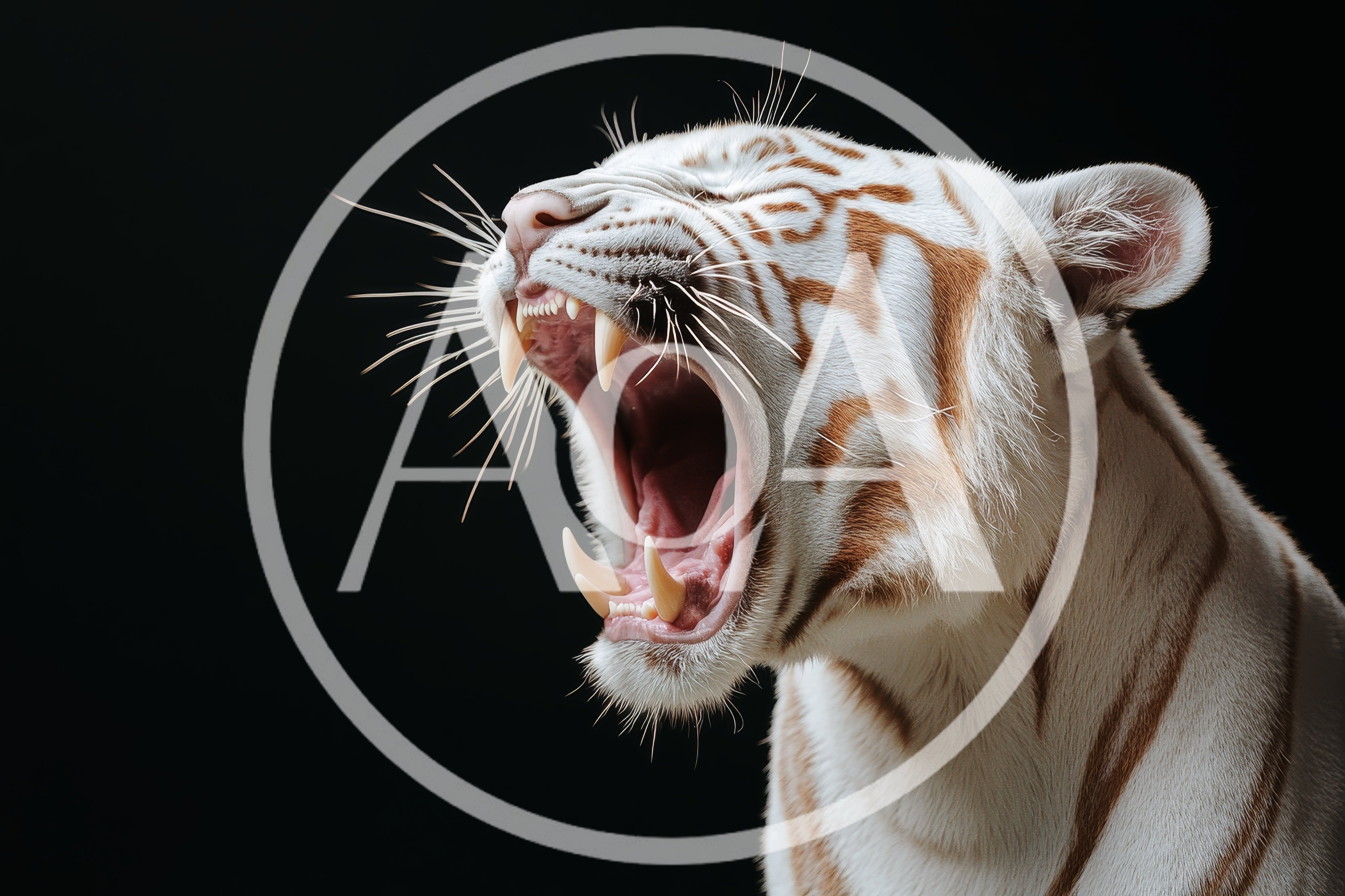 White Tiger Roaring Against A Black Background