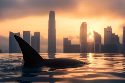 Orca Fin Breaking Surface in Infinity Pool