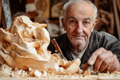 Elderly Woodcarver Working on Intricate Sculpture in Workshop