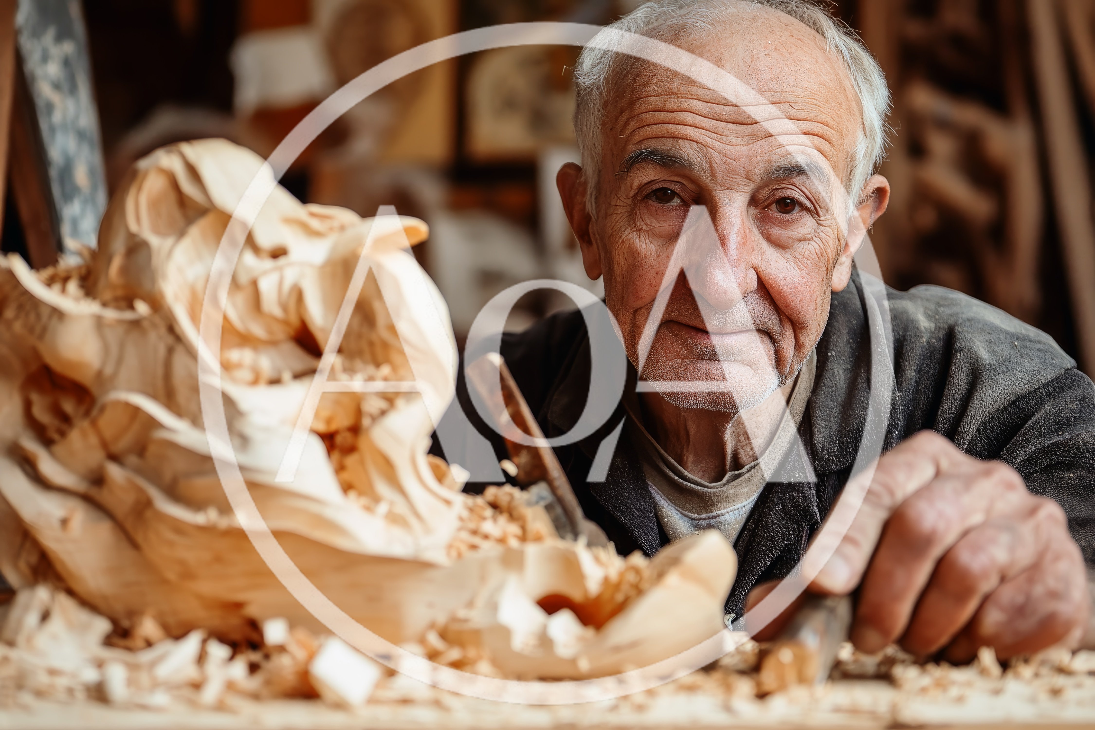 Elderly Woodcarver Working on Intricate Sculpture in Workshop