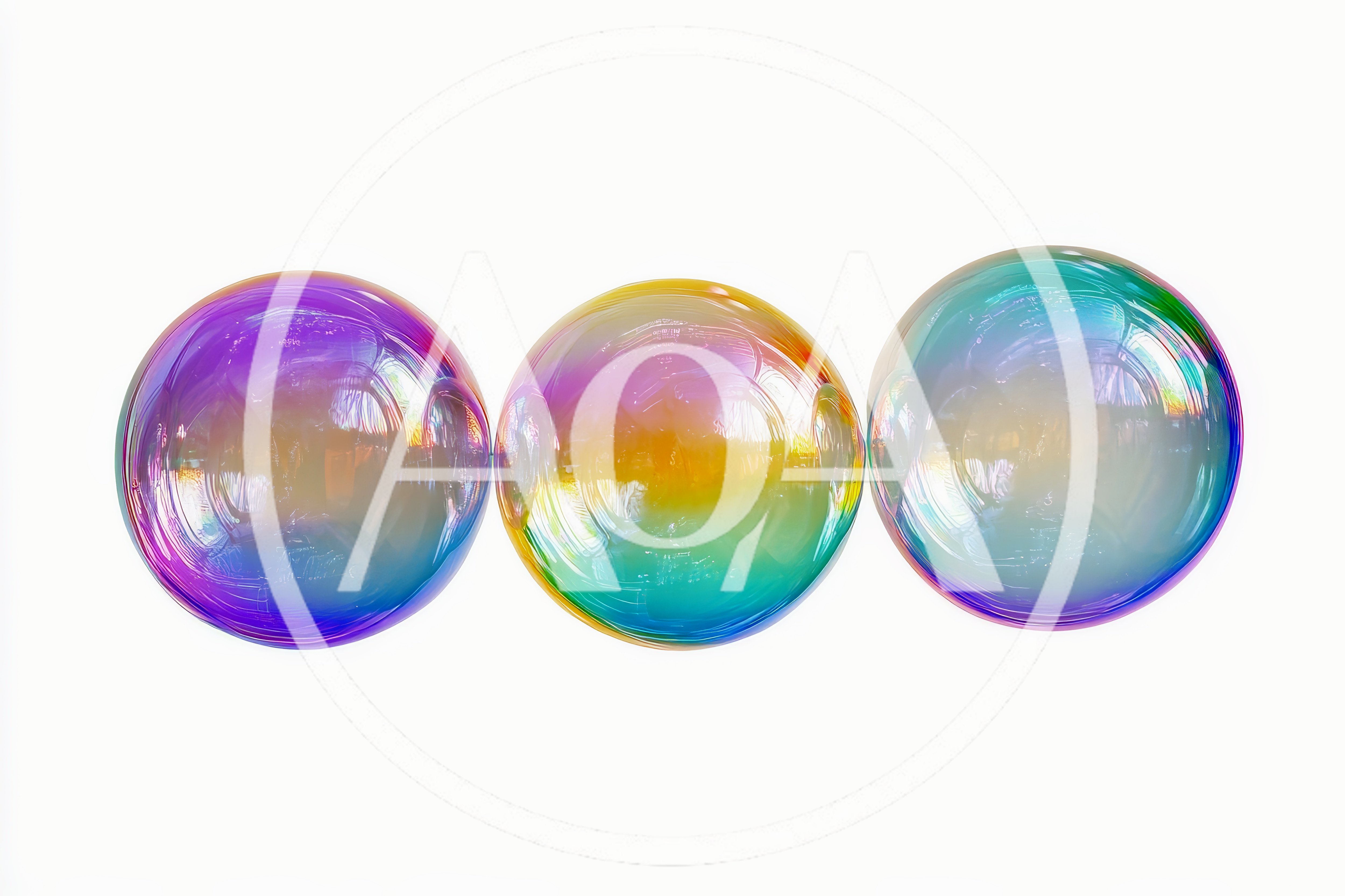 Three Iridescent Soap Bubbles Floating Against White Background