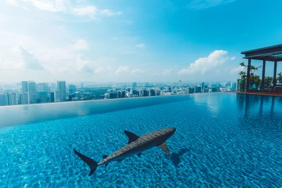 Great White Shark Swimming In Rooftop Infinity Pool