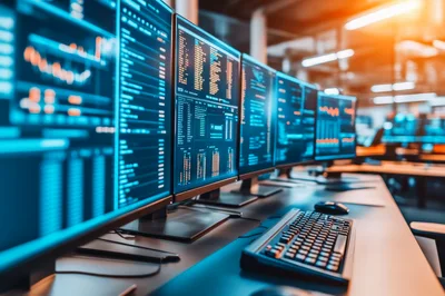 Multiple Computer Monitors Displaying Financial Data and Code