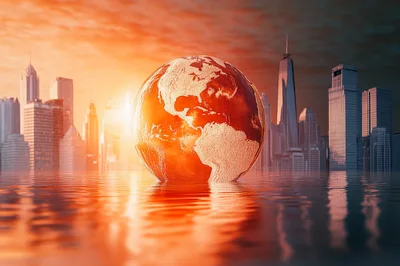 Global Warming Concept With Earth Globe In Flooded City