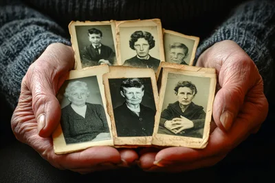 Elderly Hands Holding Vintage Family Portrait Photographs