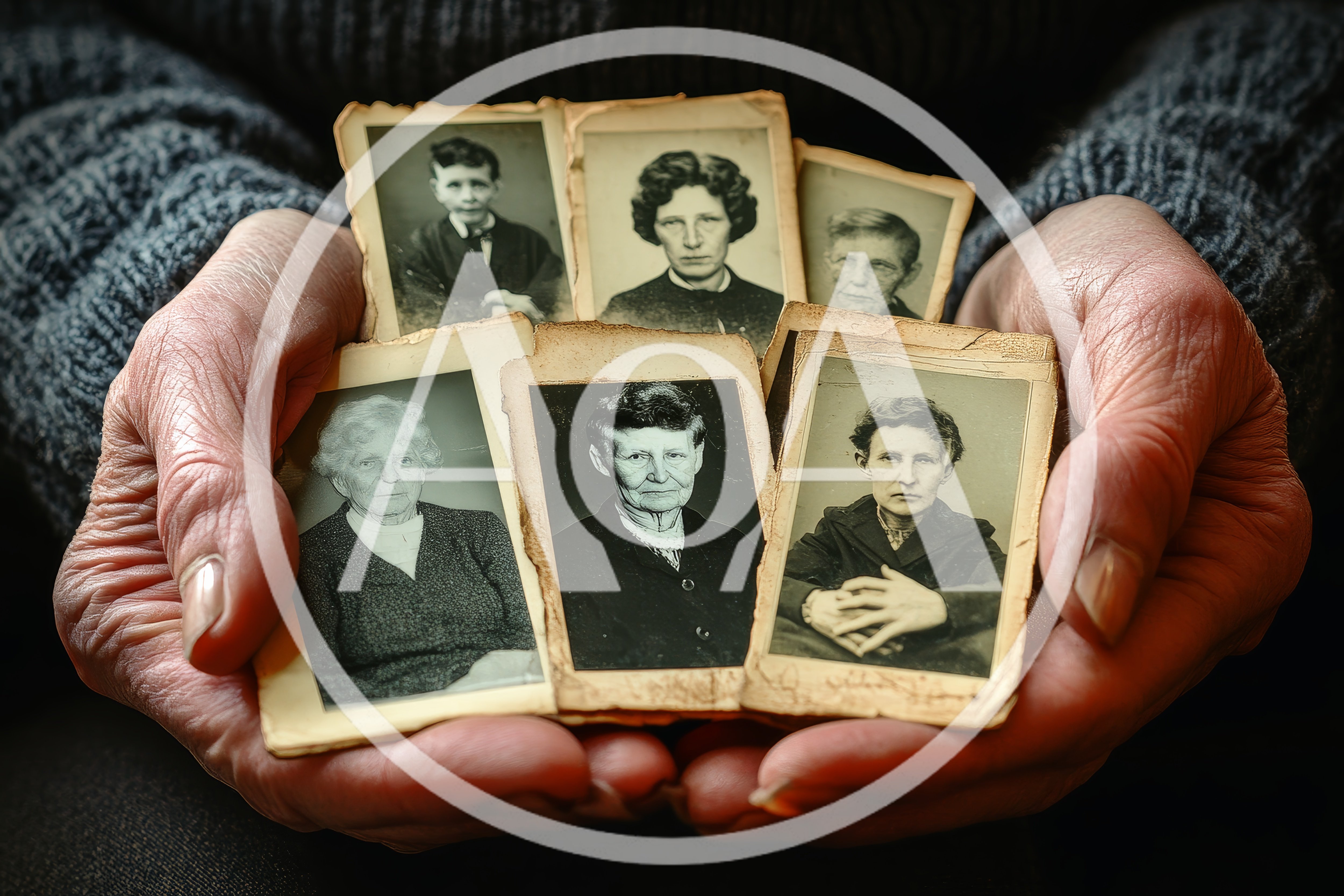 Elderly Hands Holding Vintage Family Portrait Photographs