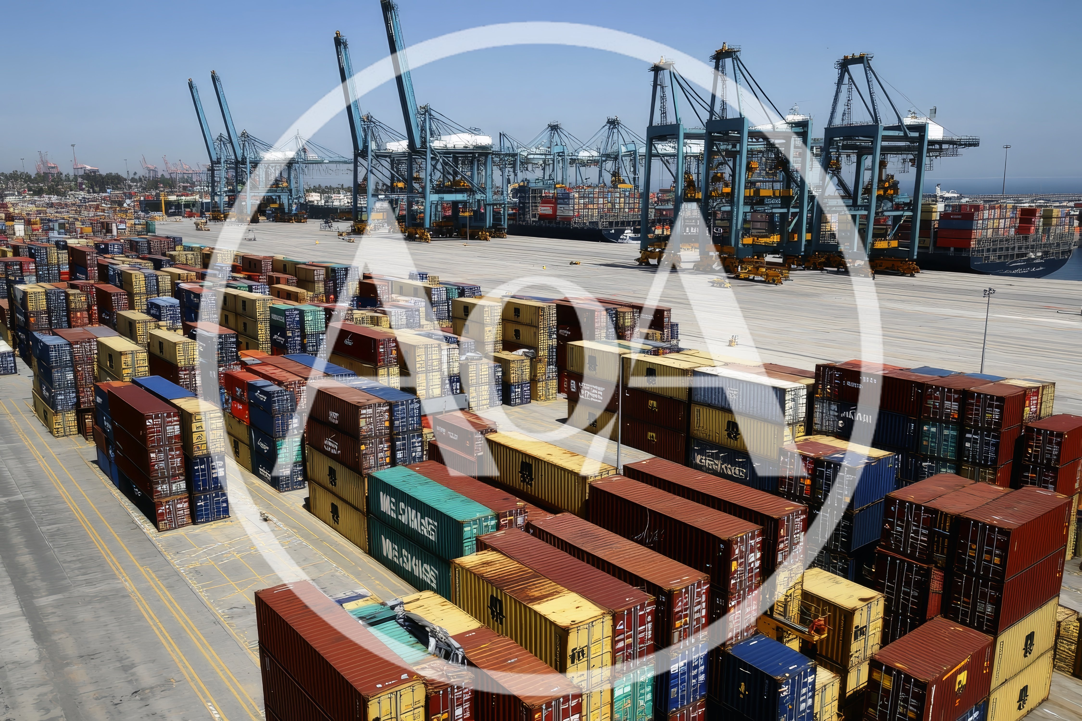Industrial Shipping Terminal With Stacked Cargo Containers