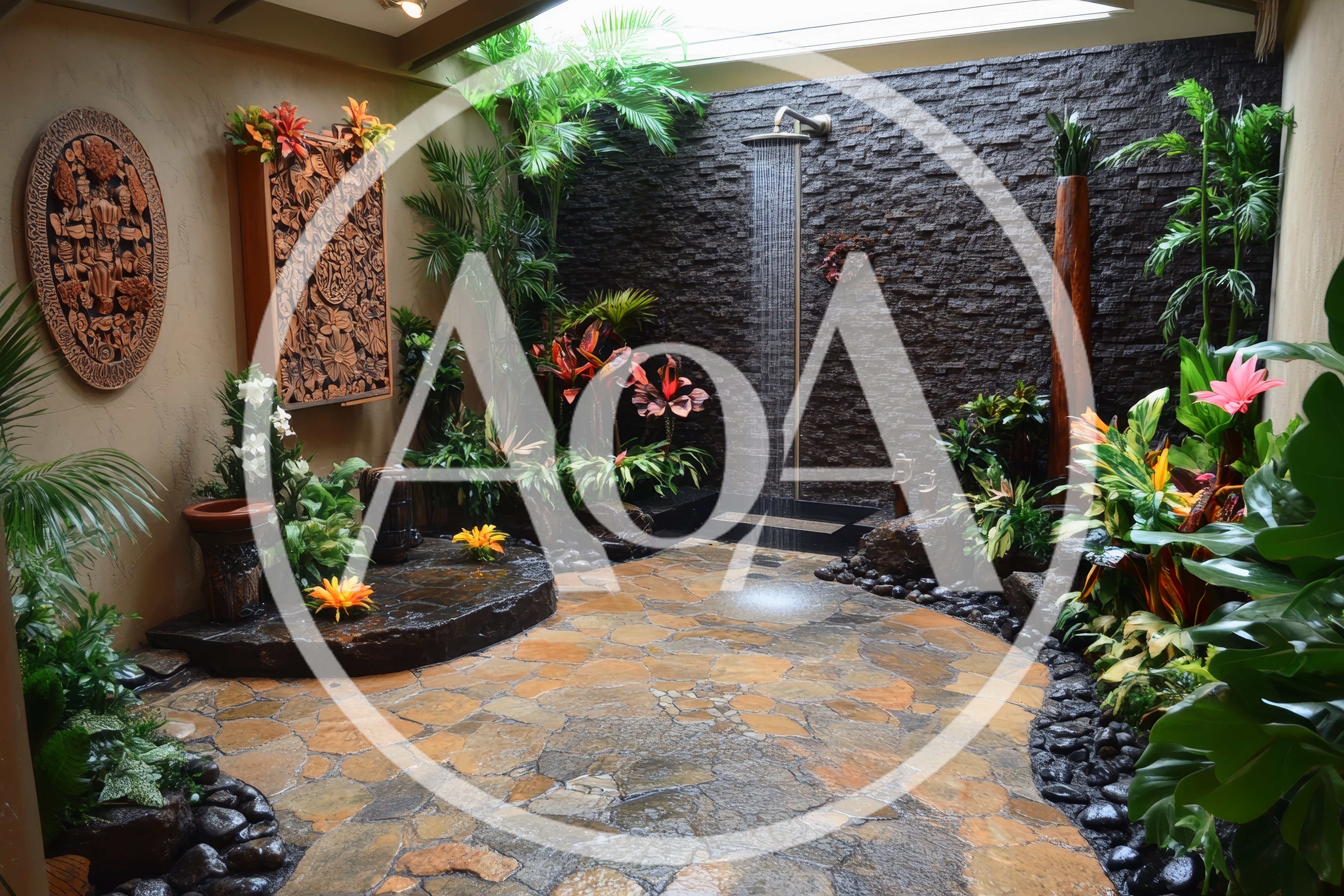 Luxurious Tropical Outdoor Shower With Stone Walls