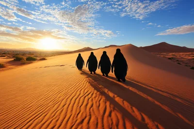 Four Penguins Walking Across A Vast Desert Landscape