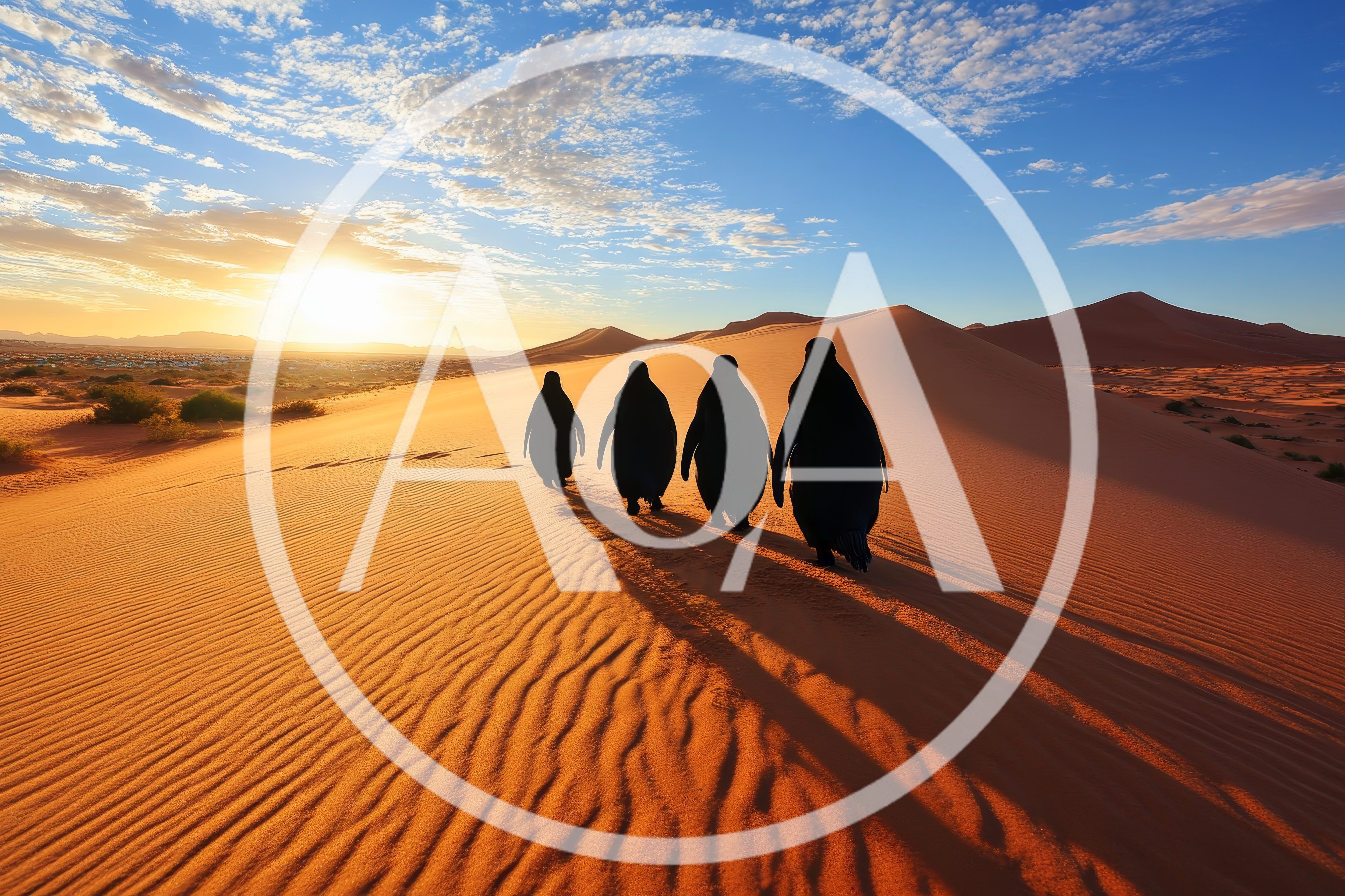 Four Penguins Walking Across A Vast Desert Landscape