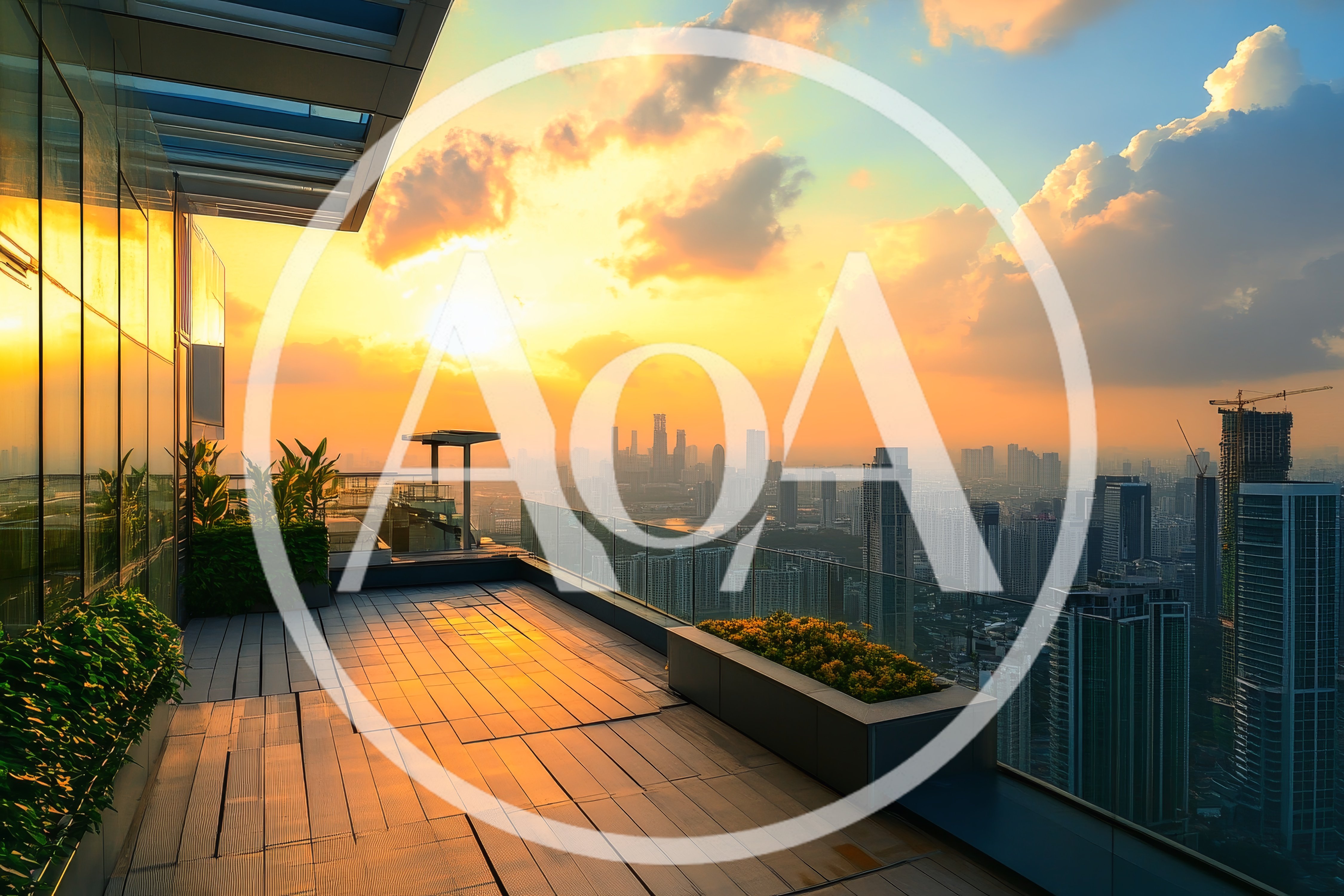 Modern Rooftop Terrace Overlooking City Skyline At Sunset