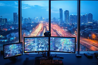 Traffic Control Center Overlooking A Busy City Highway