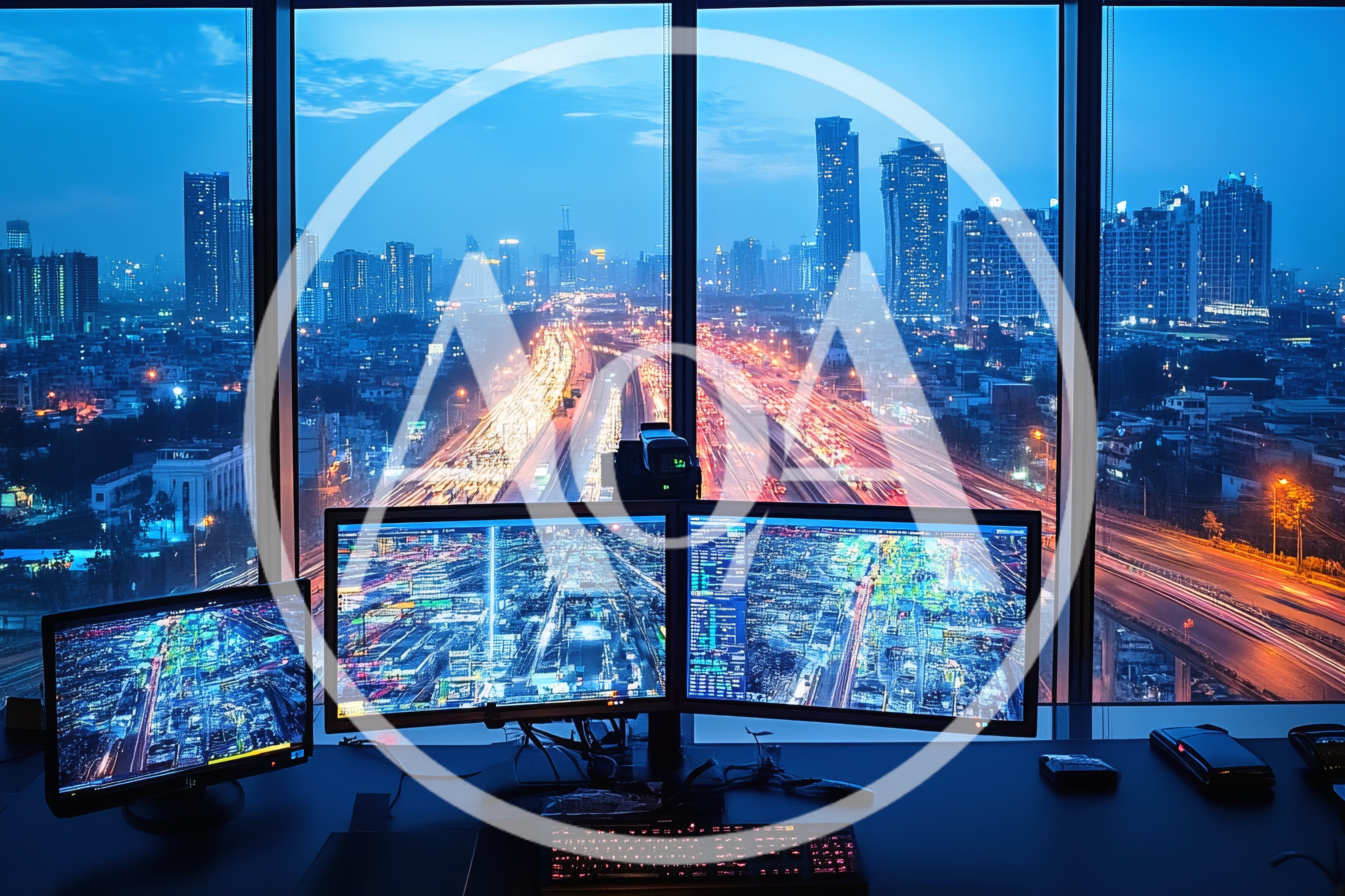 Traffic Control Center Overlooking A Busy City Highway