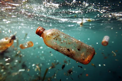 Plastic Bottle Floating In Polluted Ocean Water
