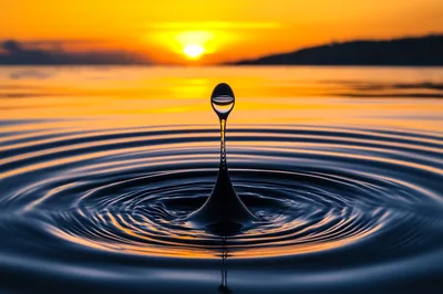 Water Drop Impact Creating Concentric Ripples At Sunset