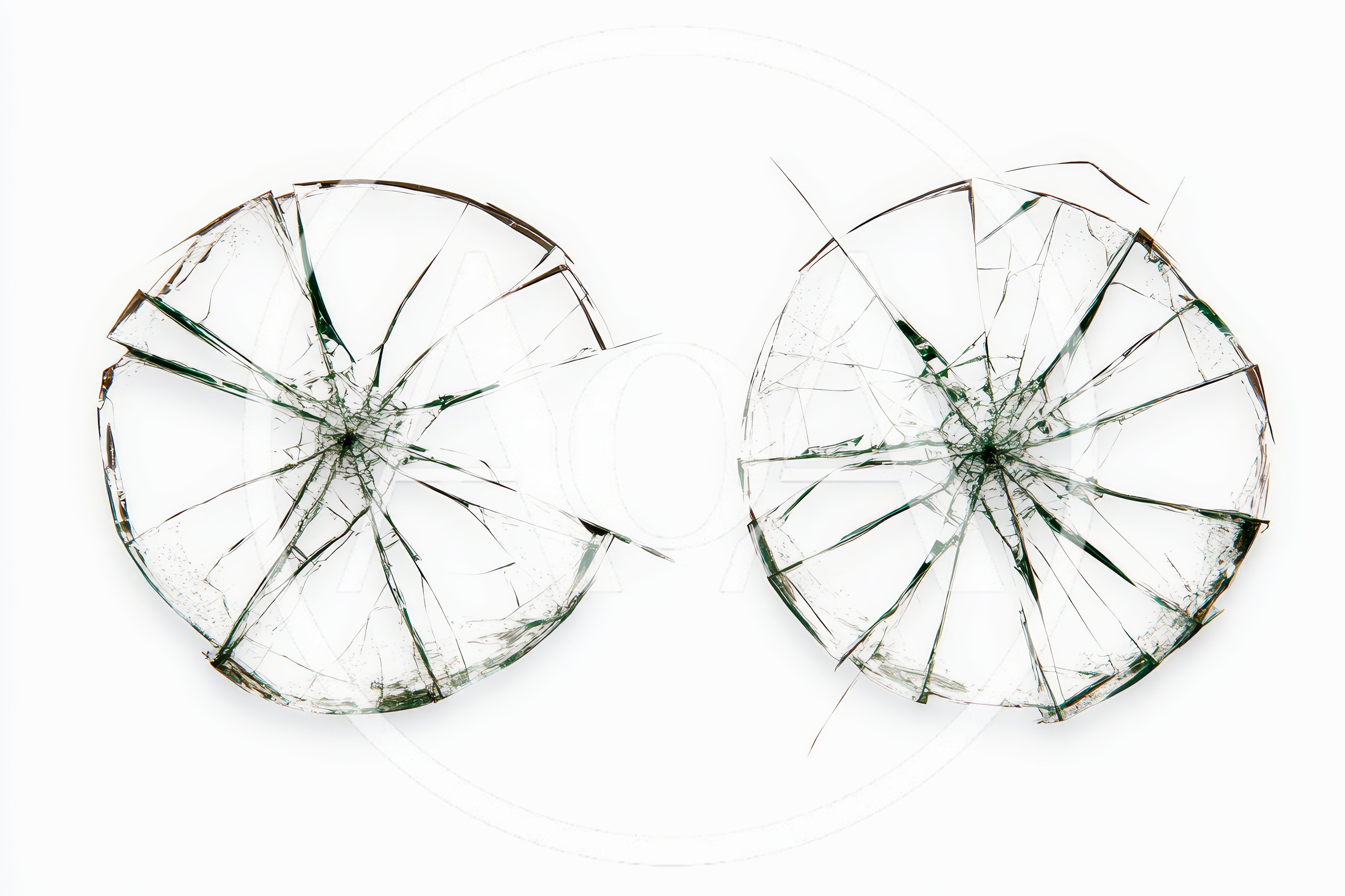 Two Circular Shattered Glass Panes on White Background