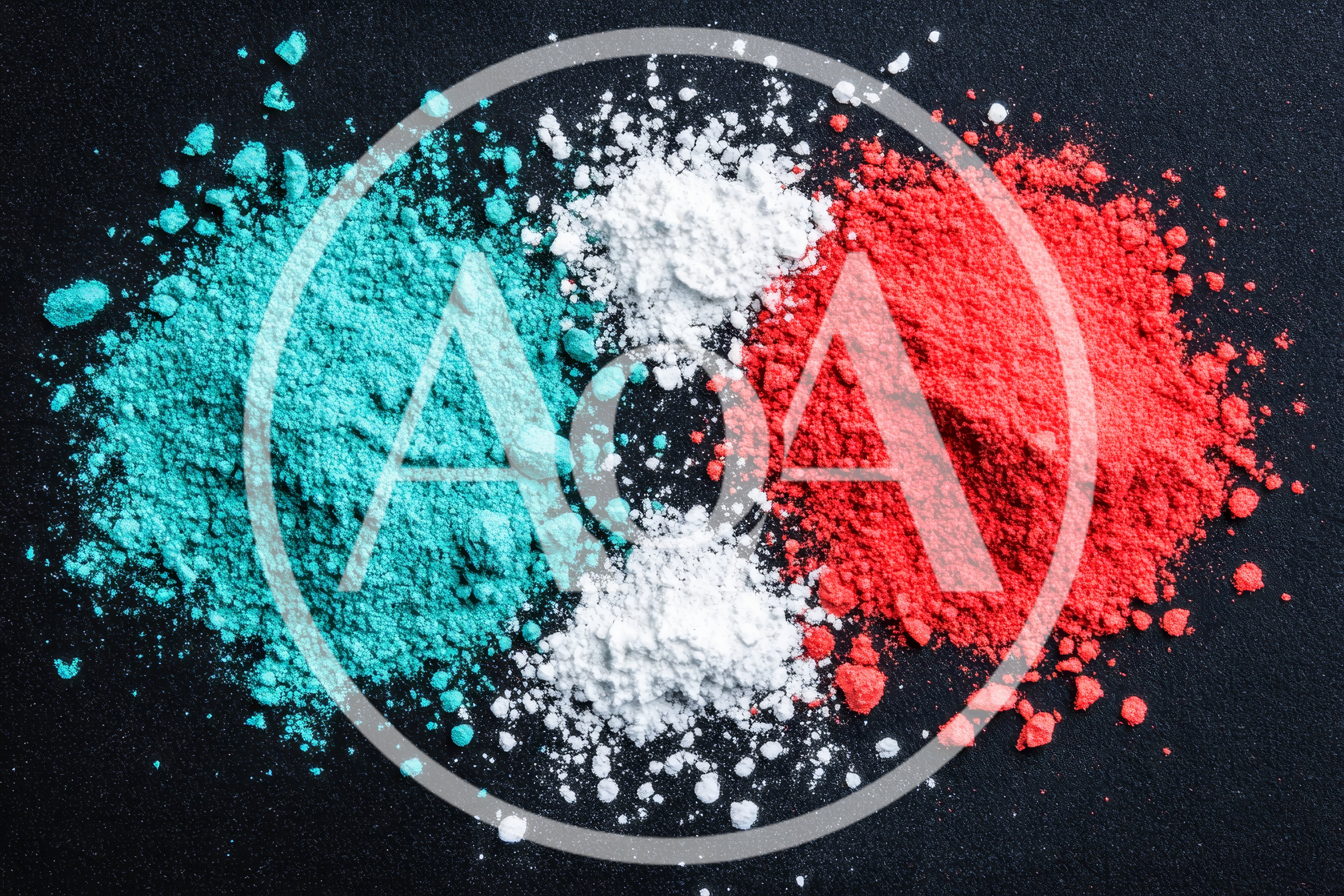 Vibrant Teal White And Red Powder Pigments