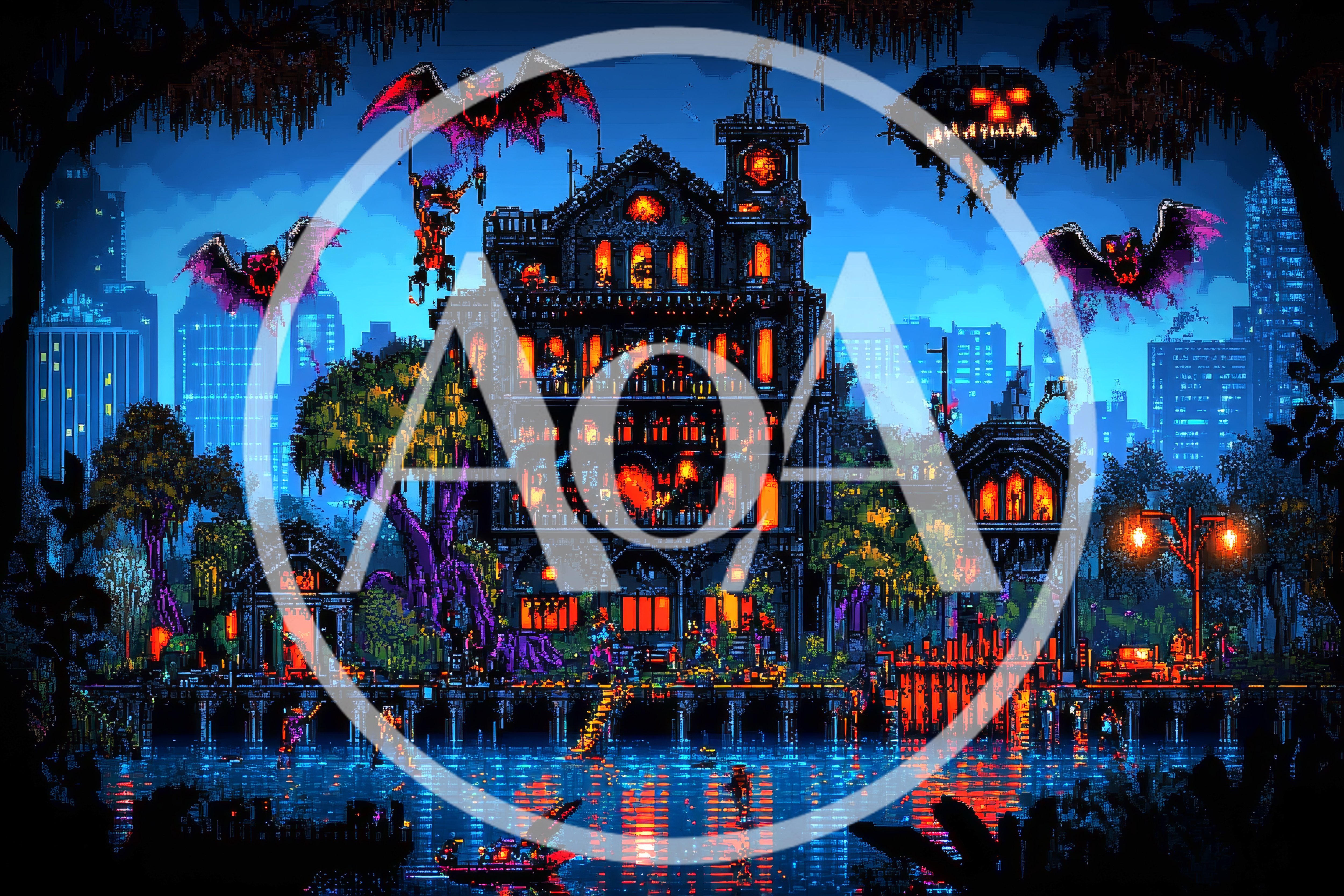 Pixel Art Haunted Mansion At Night With Flying Creatures