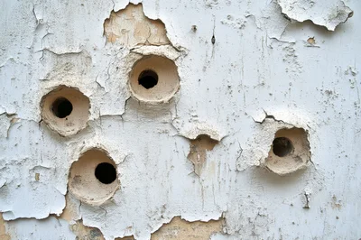 Bullet Holes In A Weathered White Wall