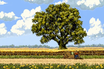 Pixel Art Landscape With A Lone Tree In A Field