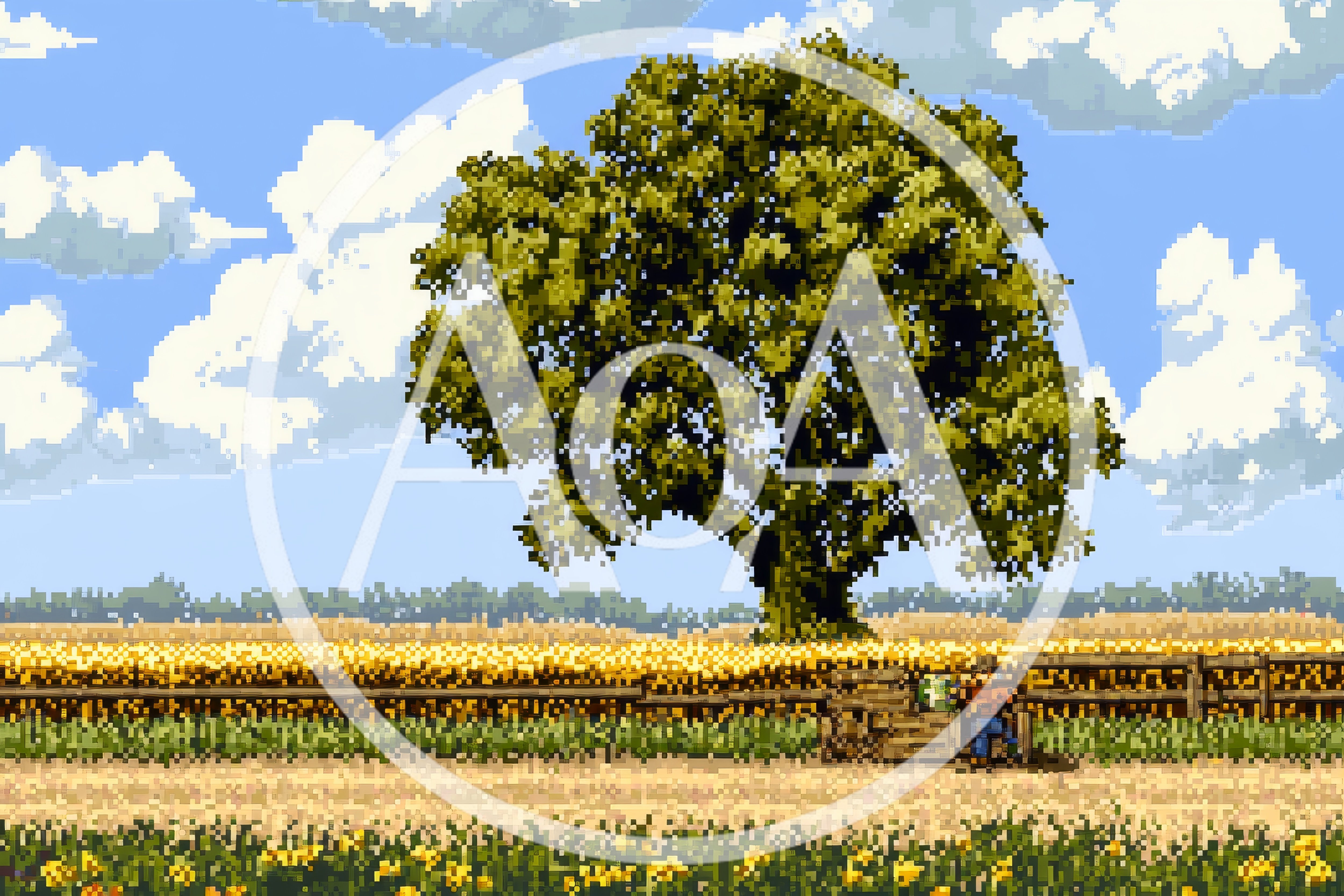 Pixel Art Landscape With A Lone Tree In A Field