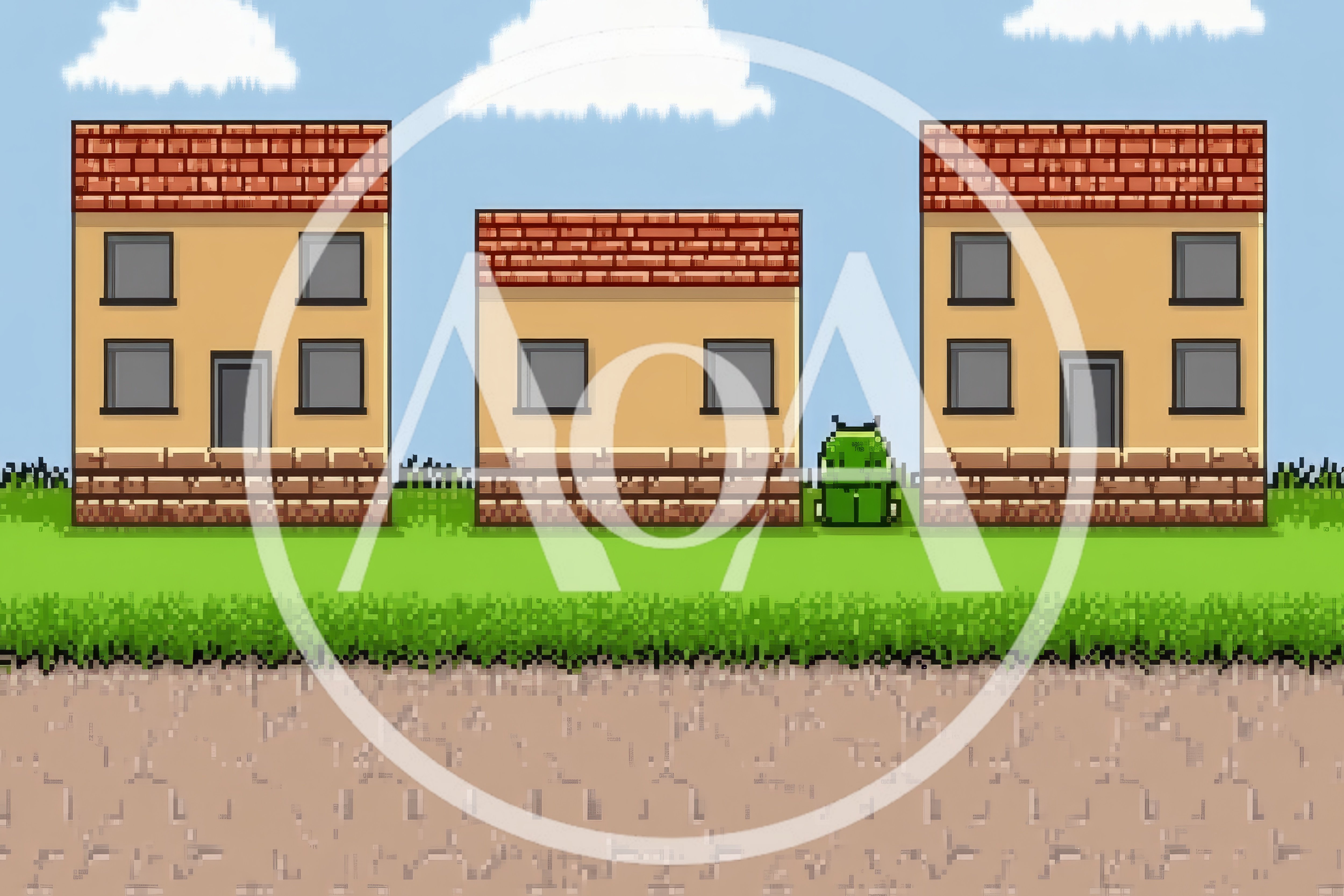 Pixel Art Houses With A Green Character In Nature