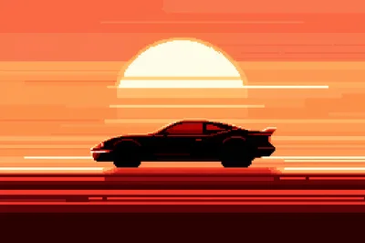 Pixel Art Sports Car Driving Into Sunset