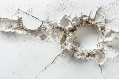 Damaged White Wall With Large Impact Hole