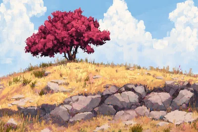 Digital Painting Of A Vibrant Pink Tree On A Hill
