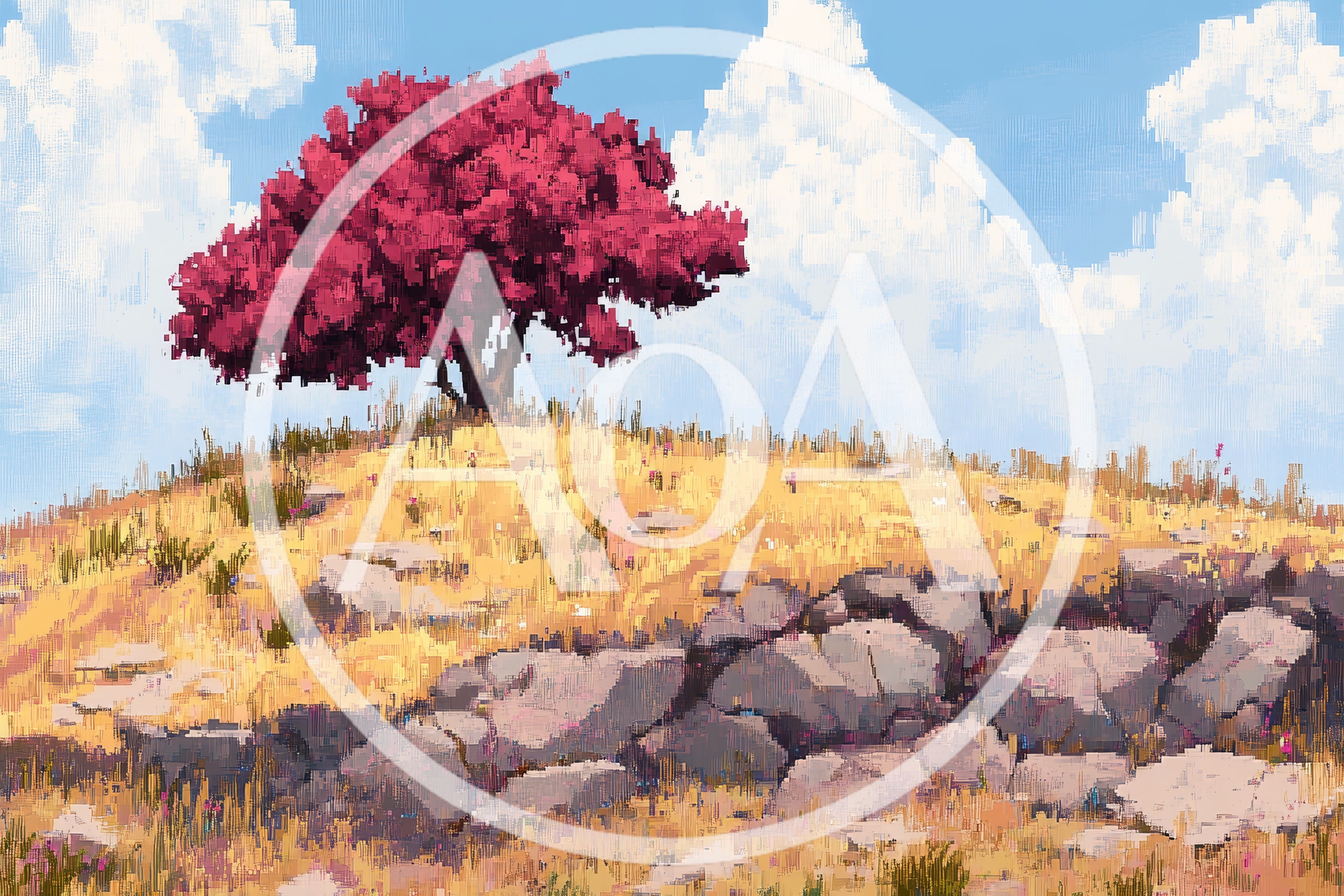 Digital Painting Of A Vibrant Pink Tree On A Hill