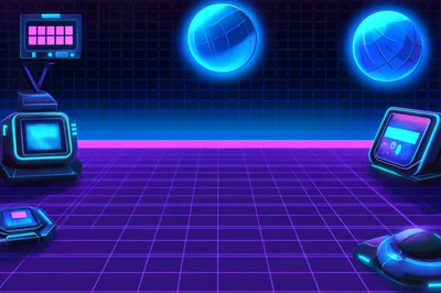 Retro Synthwave Digital Environment With Glowing Tech Elements