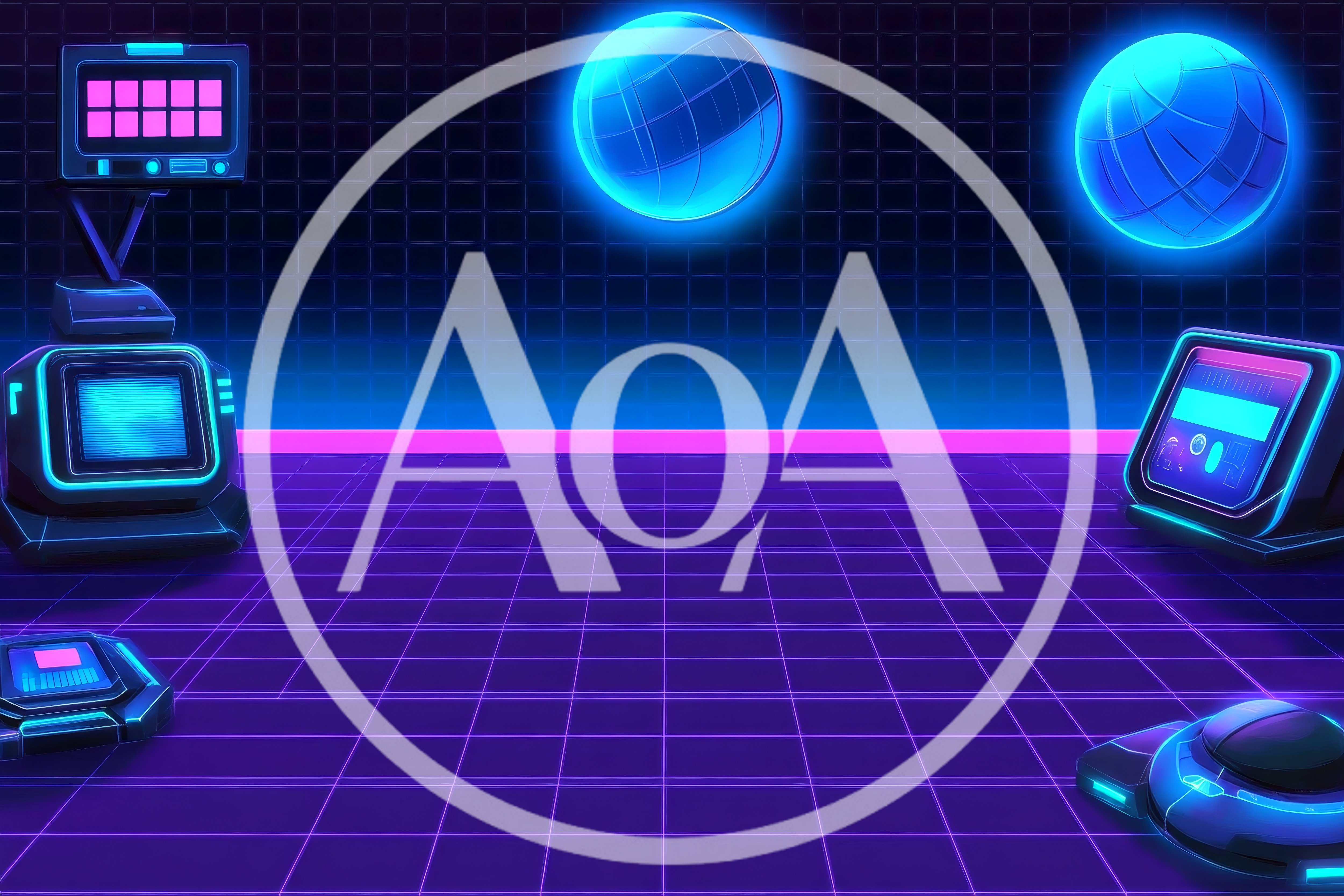 Retro Synthwave Digital Environment With Glowing Tech Elements