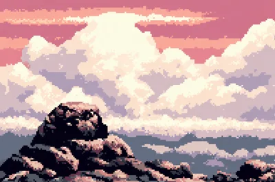 Pixel Art Landscape Featuring Rocky Outcrop And Clouds